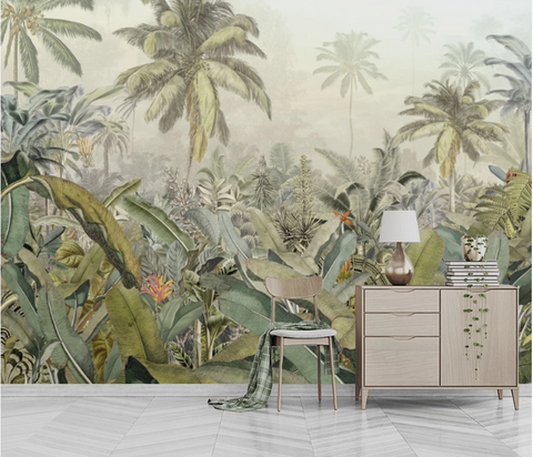 Custom hand-painted tropical rainforest plant banana leaf room living room background wallpaper mural